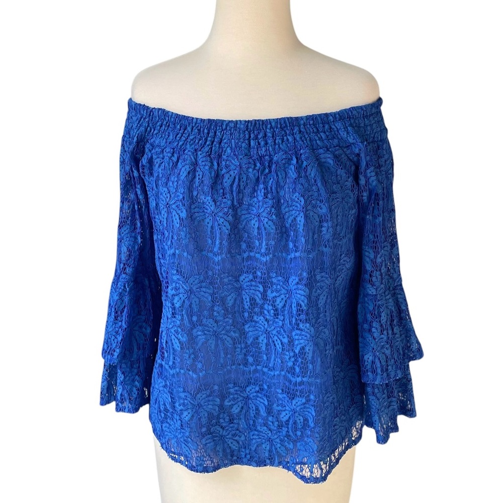 Lilly Pulitzer Tobyn Ikat Blue Lace Palm Tree Off-Shoulder Top Sz M